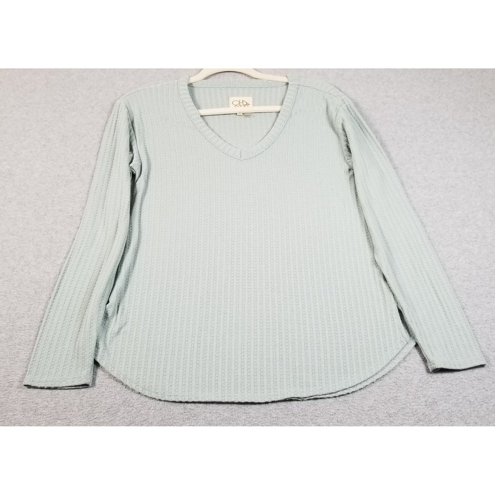 Chaser‎ Waffle Knit Top Womens Small S Light Green V-Neck Long Sleeve Fall Shirt